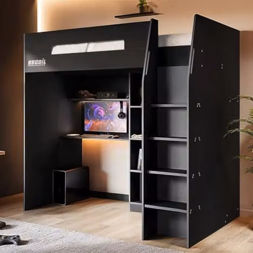 Flair Furnishings Recoil High Sleeper Single Bed with Storage, Desk and Stairs in Black and Grey