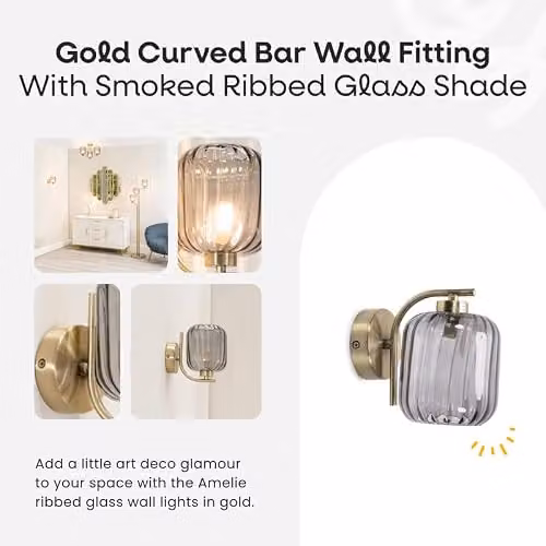ValueLights Gold Curved Bar Wall Light with Smoked Ribbed Glass Shade – 4