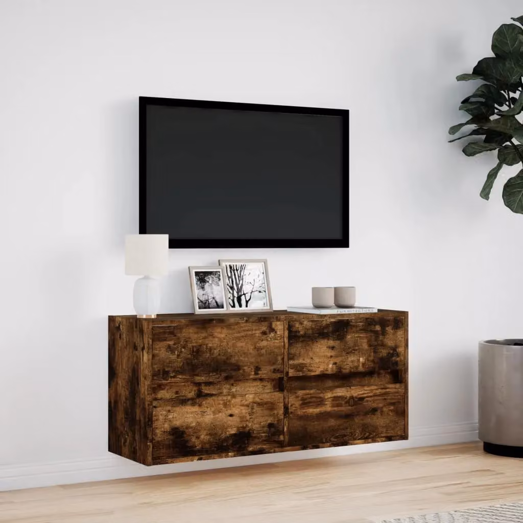 Berkfield Home TV Wall Cabinet with LED Lights in Smoked Oak Brown, W/D/H: 100 x 31 x 45 cm – 3