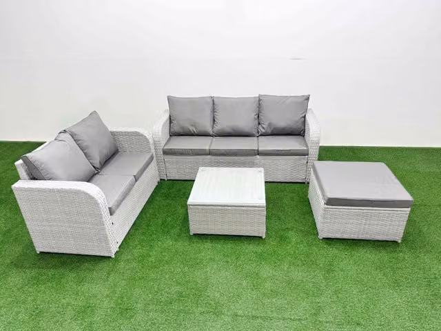 Fimous 6 Seater Grey PE Rattan Wicker Garden Furniture Set with L-Shape Sofa, 2 Seater Sofa, Coffee Table and Ottoman