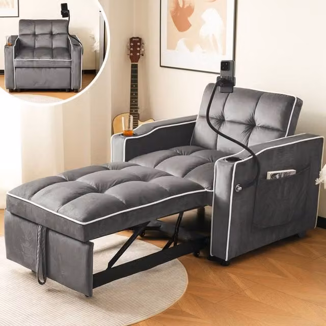 BTM 3 in 1 Recliner Sofa Bed with Drink and Phone Holder in Grey Velvet Fabric