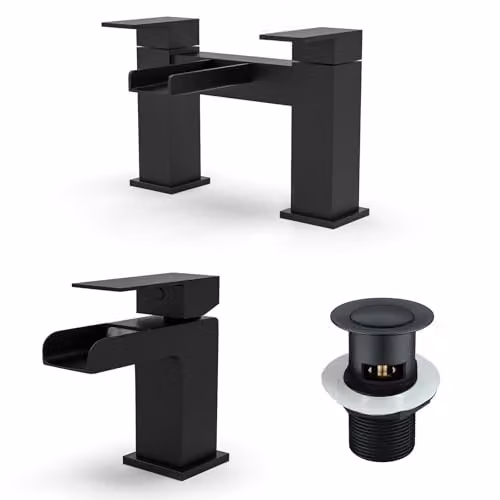 Nes Home Origin Waterfall Basin Mono Tap, Bath Filler, Handset and Pop Up Waste Set in Matte Black