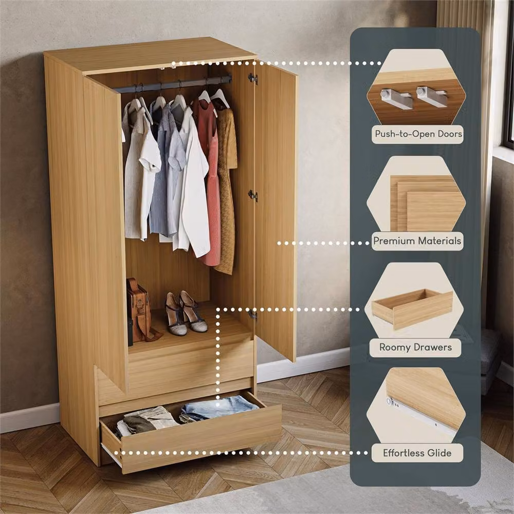 FORGEVIO Natural Pine 2 Door 2 Drawer Wardrobe with Hanging Rod – 4