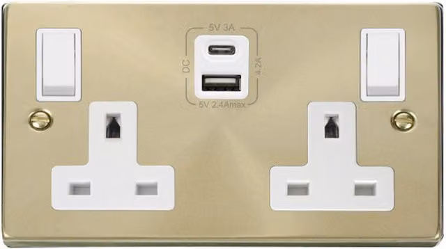 SE HOME Satin Brushed Brass and White 2 Gang 13A Type A USB Twin Double Switched Flush Socket