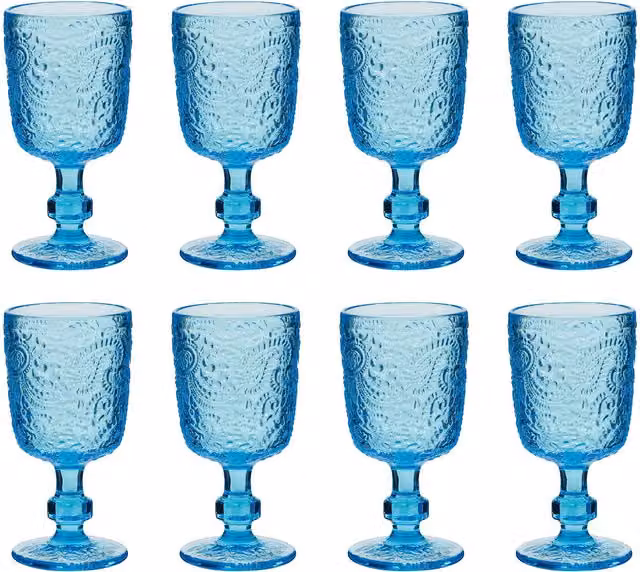 Dibor Set of 8 Blue Luxury Glass Wine Goblets, 300ml per glass