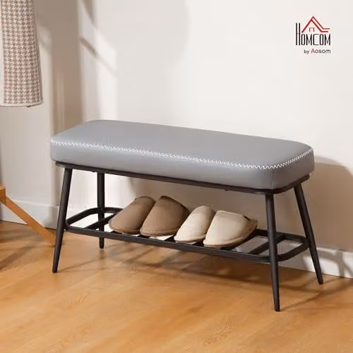 HOMCOM Modern Grey PU Leather and Metal Shoe Bench with Shoe Rack, W/D/H: 120 x 31 x 45 cm – 2