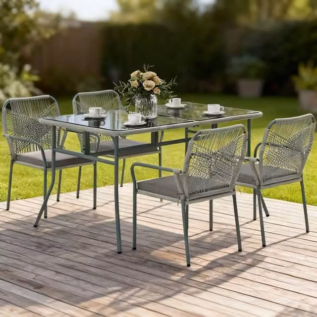 ERGOVEXA Five-Piece PE Rattan Garden Dining Set with Cushions in Light Grey