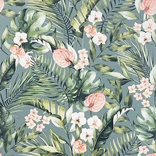Arthouse Tropical Floral Sea Blue Wallpaper with Pink Flowers and Green Palm Leaves, W: 53 cm x L: 1005 cm