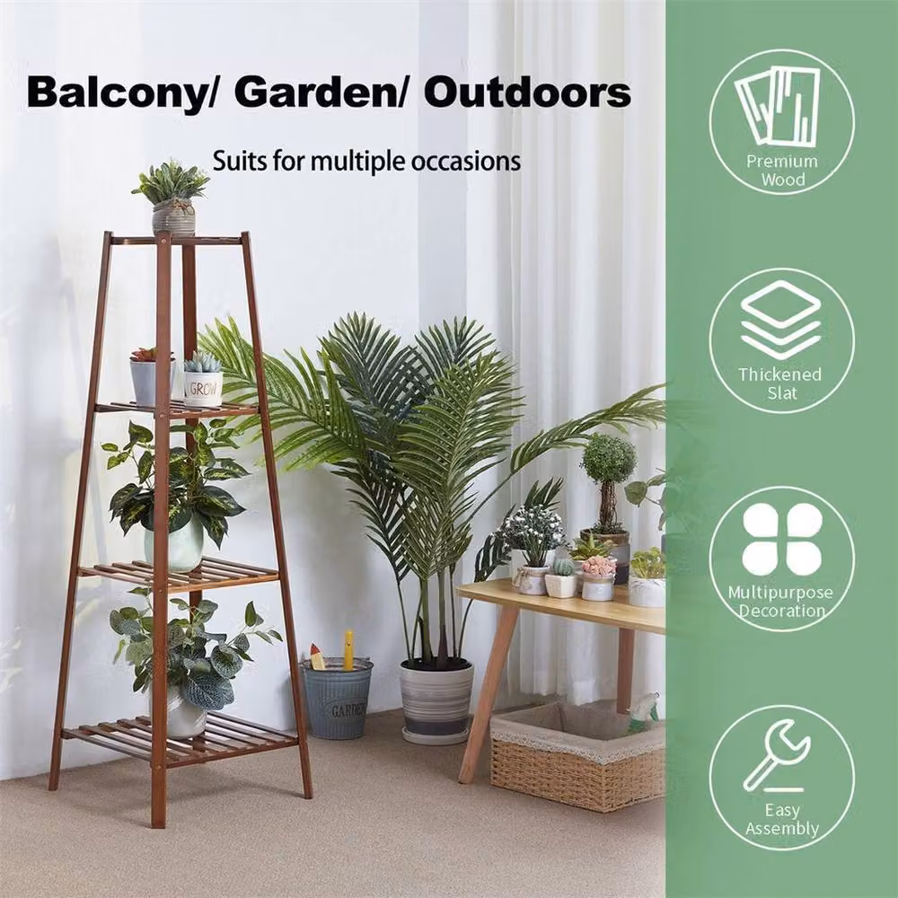 NESTLUNE Mid Century 3 Tiered Corner Indoor Plant Stand, Brown Bamboo, H 96.5 x W 15 x D 15 cm – 2