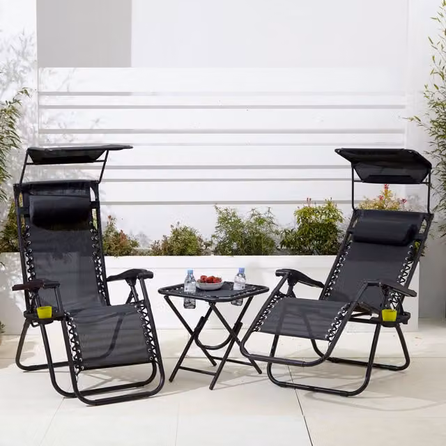 Neo Black Folding Zero Gravity Chairs and Table Set with Sun Canopy and Cup Holders