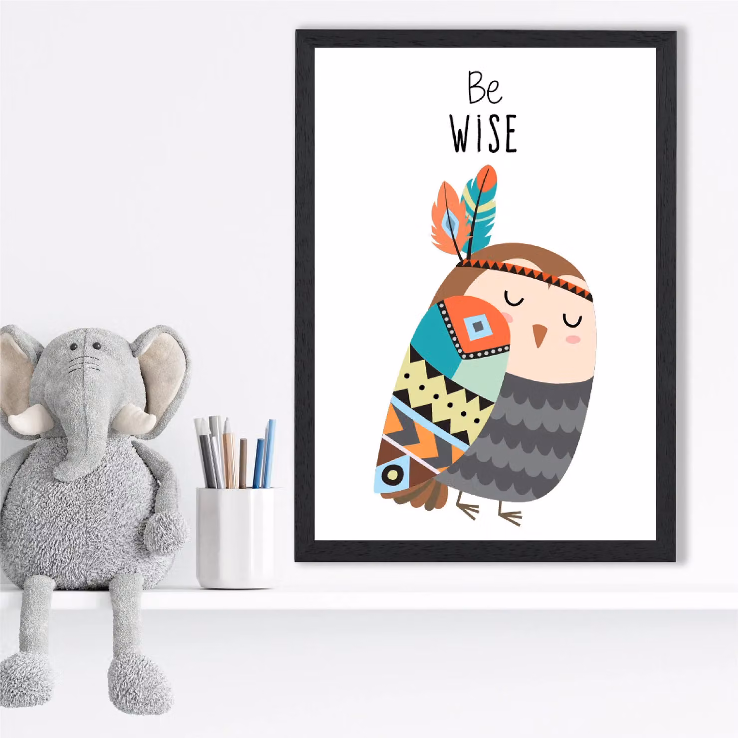 ARTZE Be Wise Owl Tribal Animal Quote Framed Print, Grey and Black, A4 – 2