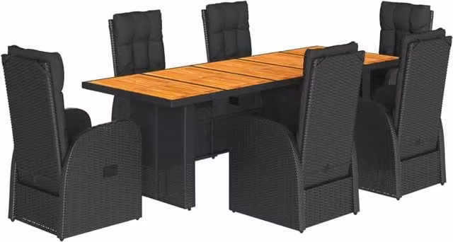 Berkfield Home 7 Piece Black Poly Rattan Garden Dining Set with Acacia Wood and Cushions