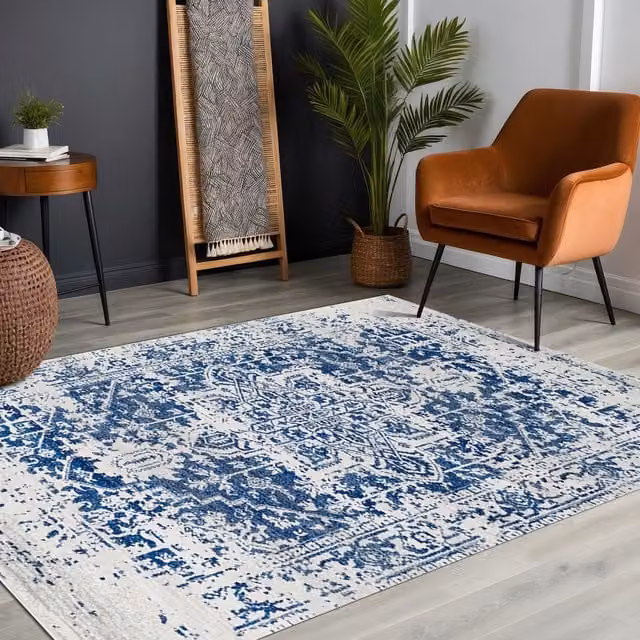 Livabliss Harput Vintage Round Boho Living Room Rug in Navy, Grey, Blue, Orange and White, Diameter: 160 cm