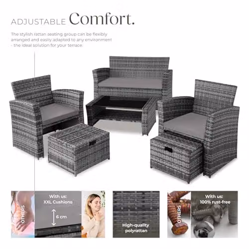tectake Modern Rattan Garden Furniture Set in Grey with Metal and Glass Details for 7 Adults – 3