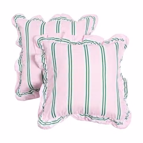 OHS Set of 2 Striped Frill Cushion Covers in Pink and Green, W/D/H: 45 x 45 x 45 cm