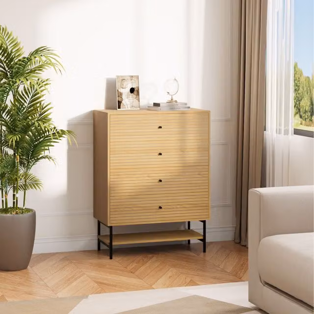 Livingandhome 4-Tier Modern Brown Wood Storage Cabinet with Bottom Shelf