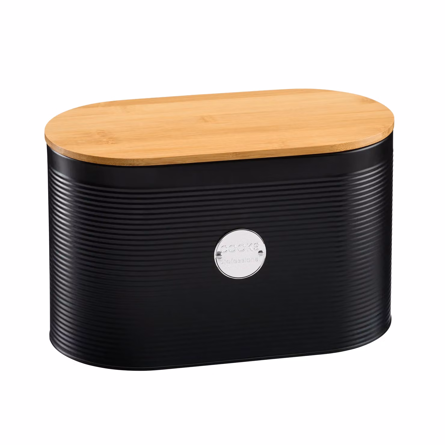Cooks Professional Ribbed Bread Bin with Linen Bag and 2-in-1 Bamboo Cutting Board Lid in Black and Silver – 4
