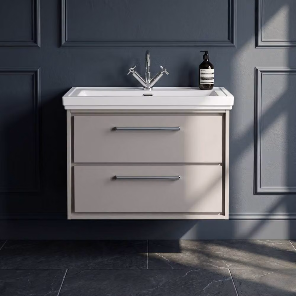 Balterley Modern Wall Hung 2-Drawer Bathroom Vanity Unit with Fireclay Basin, Grey, Width: 80 cm – 3