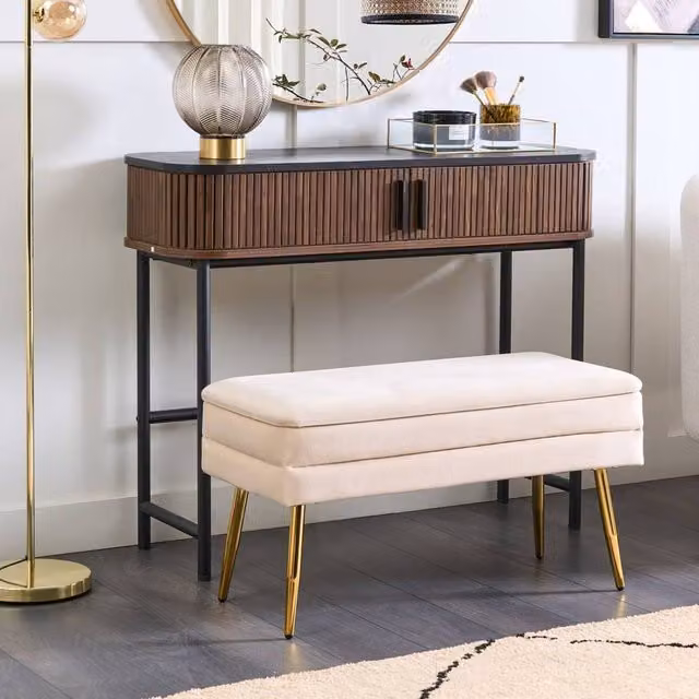 Wyld and Coco Off-White Velvet Storage Bench with Gold Metal Legs