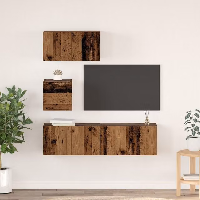 Berkfield Home 4-Piece Modern Wall Mounted TV Unit Set in Brown Old Wood, W/D/H: 60 x 30 x 30 cm – 1