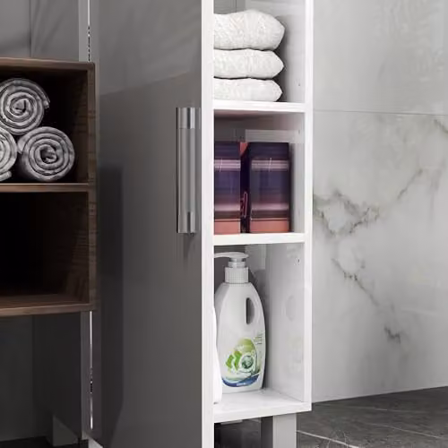 HOMCOM Tall White Glossy Bathroom Storage Cabinet with Adjustable Internal Shelves and Double Hinged Doors, H 167.5 x W 40.0 x D 24.0 cm – 5