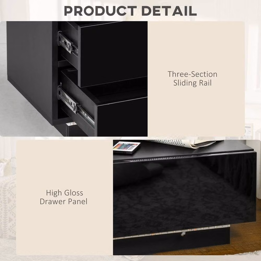 EONLION Modern Black Glossy Bedside Table with Integrated Lighting, Width: 100 cm – 3
