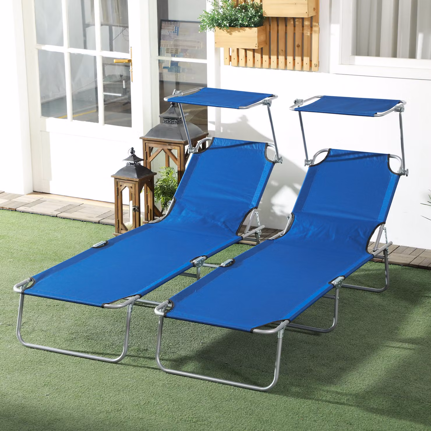 Outsunny Set of 2 Blue Foldable Outdoor Sun Loungers with Adjustable Backrest and Sun Canopy – 2