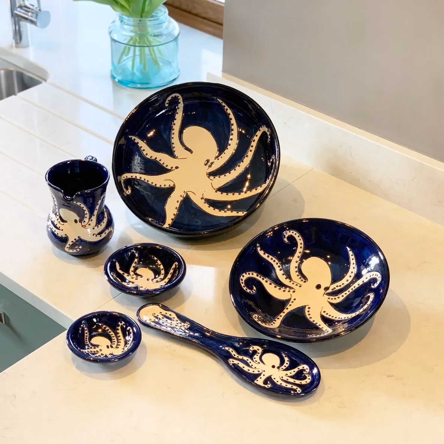 Verano Spanish Ceramics Blue and White Hand Painted Octopus Ceramic Utensil Spoon Rest, Length: 28 cm – 4