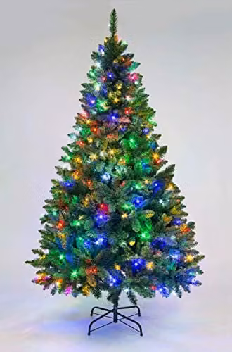Shatchi 7ft Imperial Pine Artificial Christmas Tree with Multicolour LEDs in Green – 1