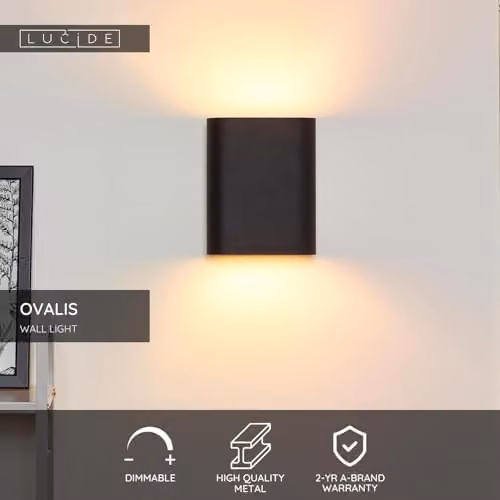 Lucide Ovalis Dimmable Up and Down Wall Light in Black Metal with 2 x E14 Sockets – 2