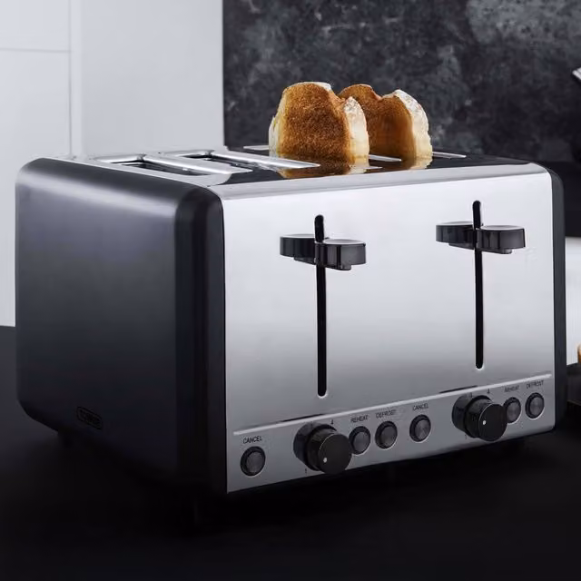 Tower Sera 4 Slice Stainless Steel Toaster in Black with Smoked Black Trim