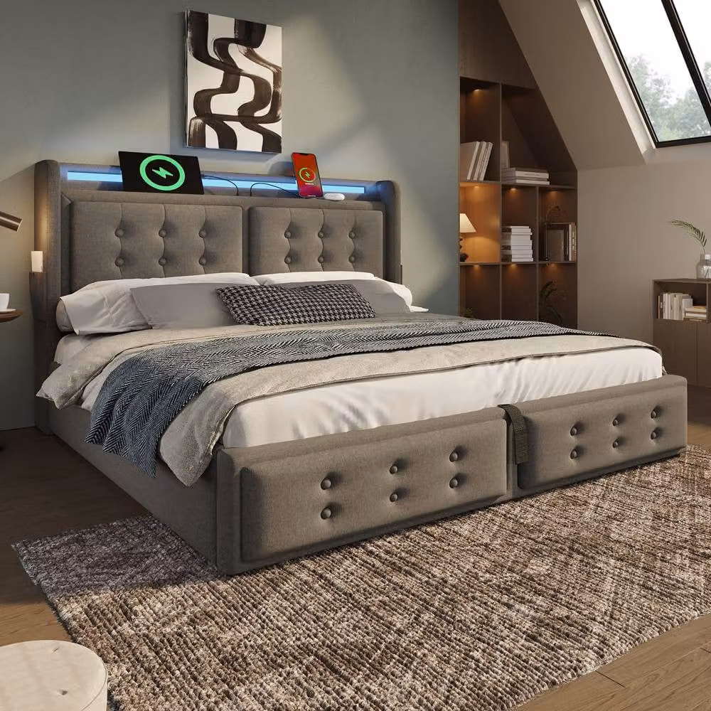 Rolipo Grey Linen Ottoman Storage Bed with LED Lighting and USB Ports, W/D/H: 180 x 200 cm – 8