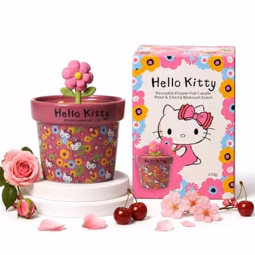 Hello Kitty Rose & Cherry Blossom Scented Candle, Pink Floral Fragrance in a Ceramic Pot, 213g