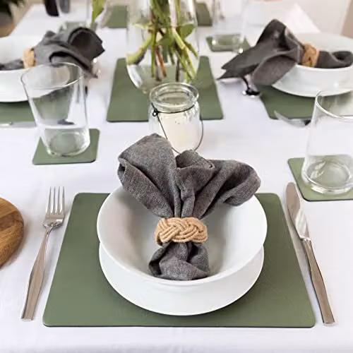 Lara May Collection Set of 8 Recycled Leather Placemats and Coasters, Olive Green, Heat Resistant and Non-Slip – 3