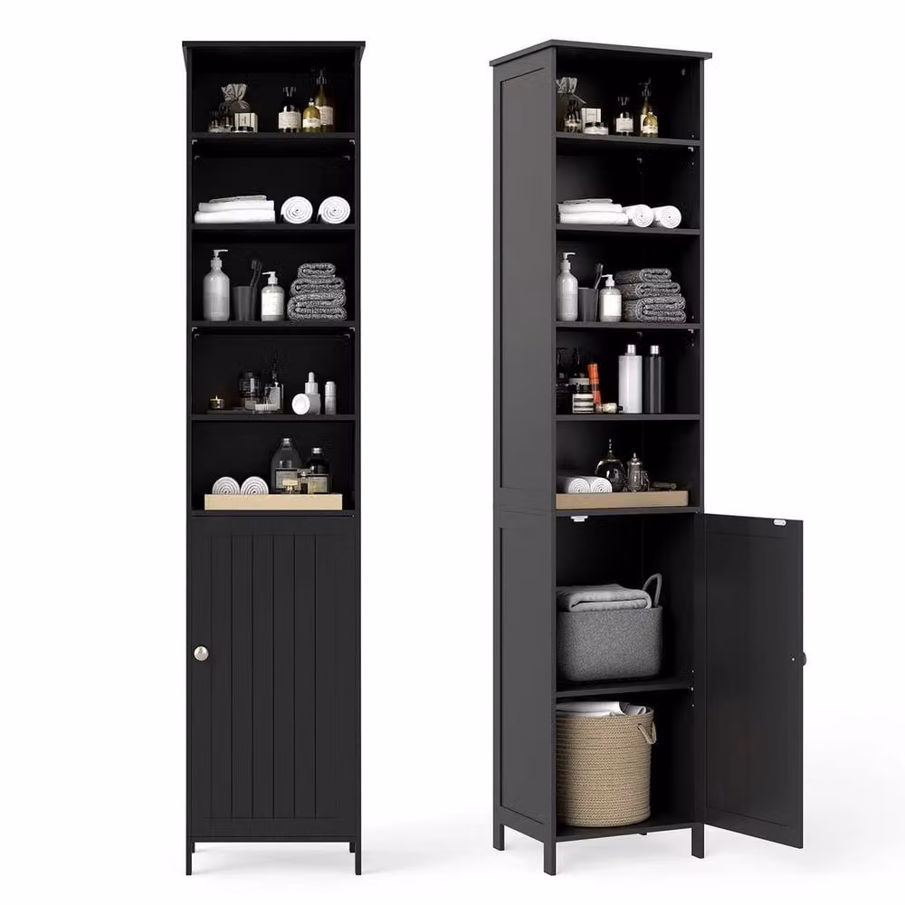 VOGREX Black 3-Tier Modern Bathroom Storage Cabinet with Hinged Doors and Internal Shelves – 4