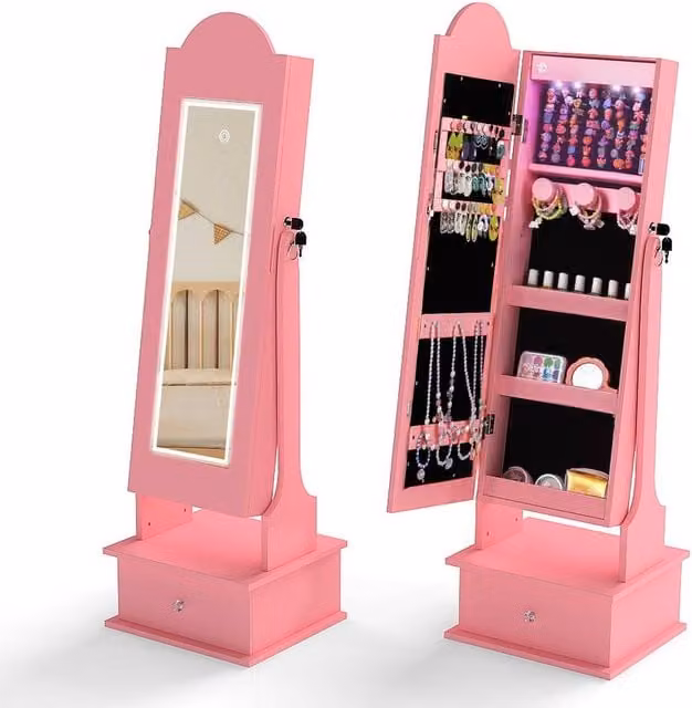 Gymax Princess Jewelry Armoire with Full-Length Mirror and LED Lighting in Pink