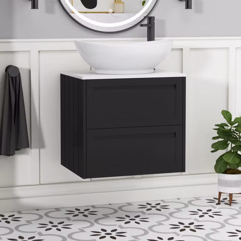 Royal Bathrooms Elmore 600mm Wall Hung Vanity Unit in Matt Nocturne Black with 2 Drawers and Plain White Worktop and Amaze Basin