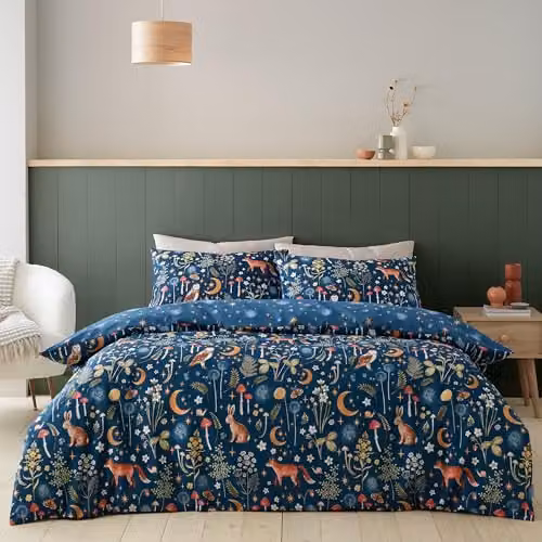 Catherine Lansfield Enchanted Twilight Animals Reversible Double Duvet Cover and Pillowcase Set, Blue, W/D/H: 200 x 200 cm, Pillowcase: 50 x 75 cm – 1