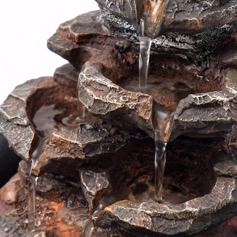 Spector Brown Tabletop Indoor Water Fountain with 3-Speed Flow and Rustic Resin Rock Design – 5