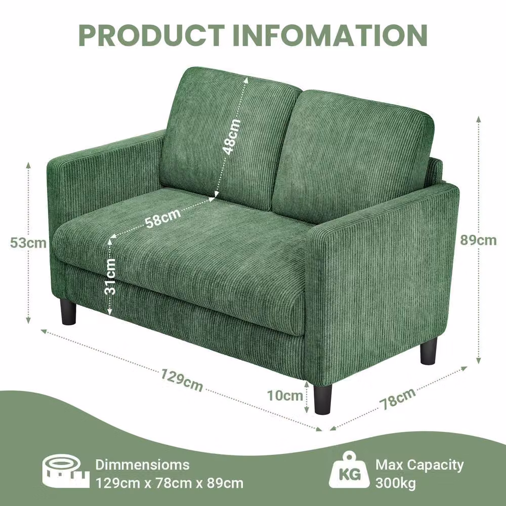 Dprodo Green Corduroy Small Sofa Loveseat, Width: 129 cm, Depth: 58 cm – 2