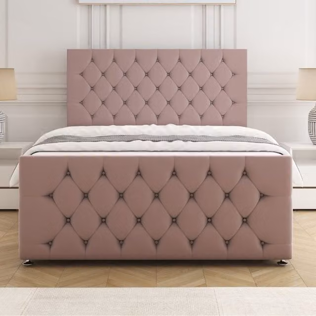 BSSPOKE Maya Divan Bed Set with 24 inch Headboard and Mattress in Pink Plush Velvet, Small Double, W/D/H: 120 x 200 cm