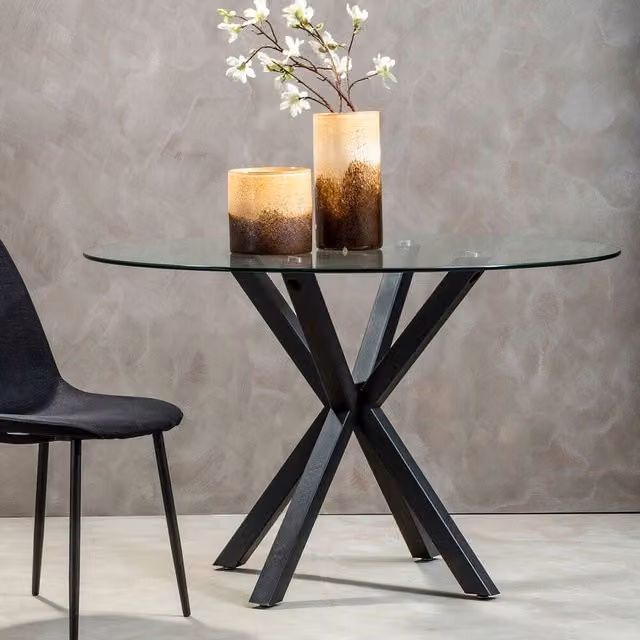 Orsina Salford Round Glass Top Dining Table with Black Metal Legs – 2