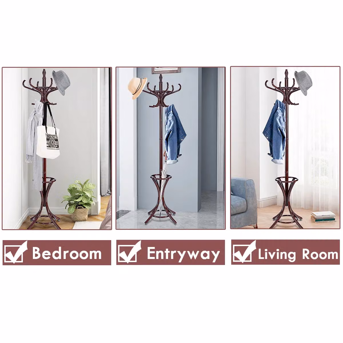 Costway Solid Wood Floor Standing Coat and Jacket Stand with Umbrella Rack in Dark Brown – 4