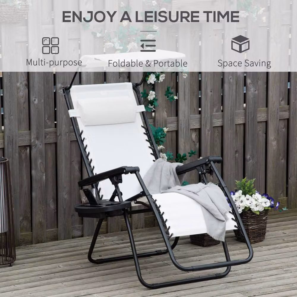 STILVORA Foldable White Sun Lounger with Powder Coated Steel Frame, Sun Canopy, Adjustable Headrest, Armrests and Side Tray – 3