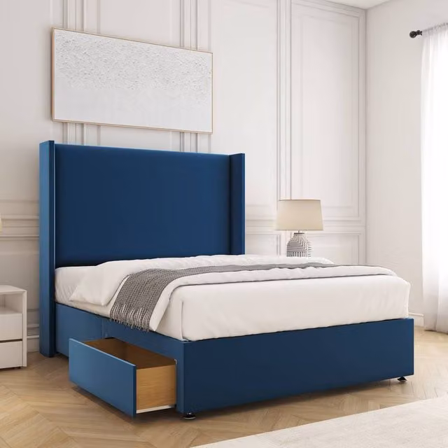 BSSPOKE Austin Small Double Divan Bed Set with 2 Drawers, 54 inch Headboard and Mattress in Blue Plush Velvet, W/D/H: 120 x 200 cm
