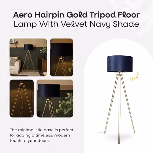 ValueLights Modern Gold Hairpin Design Tripod Floor Lamp with Navy Blue Velvet Drum Shade – 2