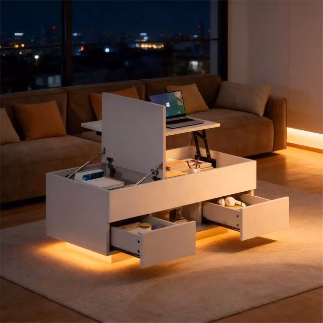 BTM White High Gloss Lift Top Coffee Table with LED Drawers and Rectangular Design W/D/H: 100 x 45 x 45 cm