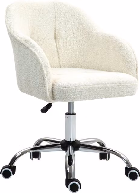 HOMCOM Swivel Armchair with Tall Back in Cream White Bouclé Fabric, Height Adjustable Task Chair with Armrests and Castors – 1
