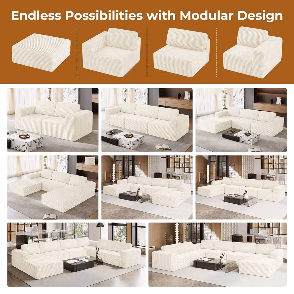 Dprodo Corduroy Modular L-Shape Sofa in Beige with Matching Ottoman and Removable Covers – 3