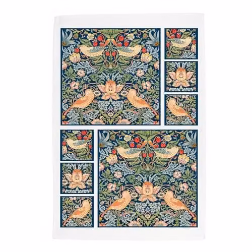 Purely Home Blue Strawberry Thief Tea Towel, Multicolour Floral Linen Kitchen Dish Cloth, W: 67 cm, H: 45 cm